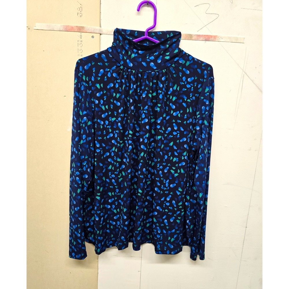 Susan Graver Womens L Navy Blue Green Abstract Knit Cowl Neck Long Sleeve Top